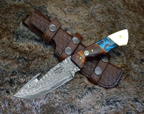 Harmony Gut Hook Hunting Knife with Rosewood Bone & Turquoise Handle - Gifts for You 'n Me