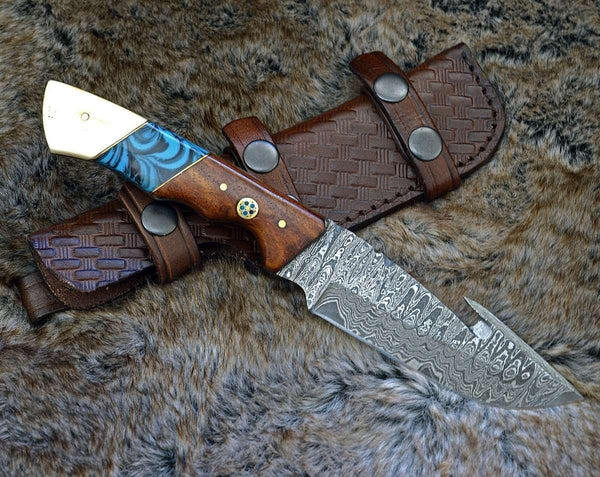 Harmony Gut Hook Hunting Knife with Rosewood Bone & Turquoise Handle - Gifts for You 'n Me