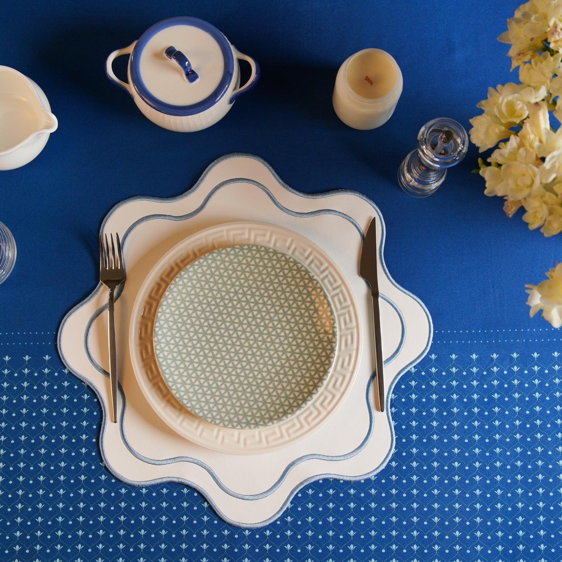 SPRING TABLE DECOR – HAVEN WHITE WAVY EDGE BLUE TRIM FAUX LEATHER PLACEMAT