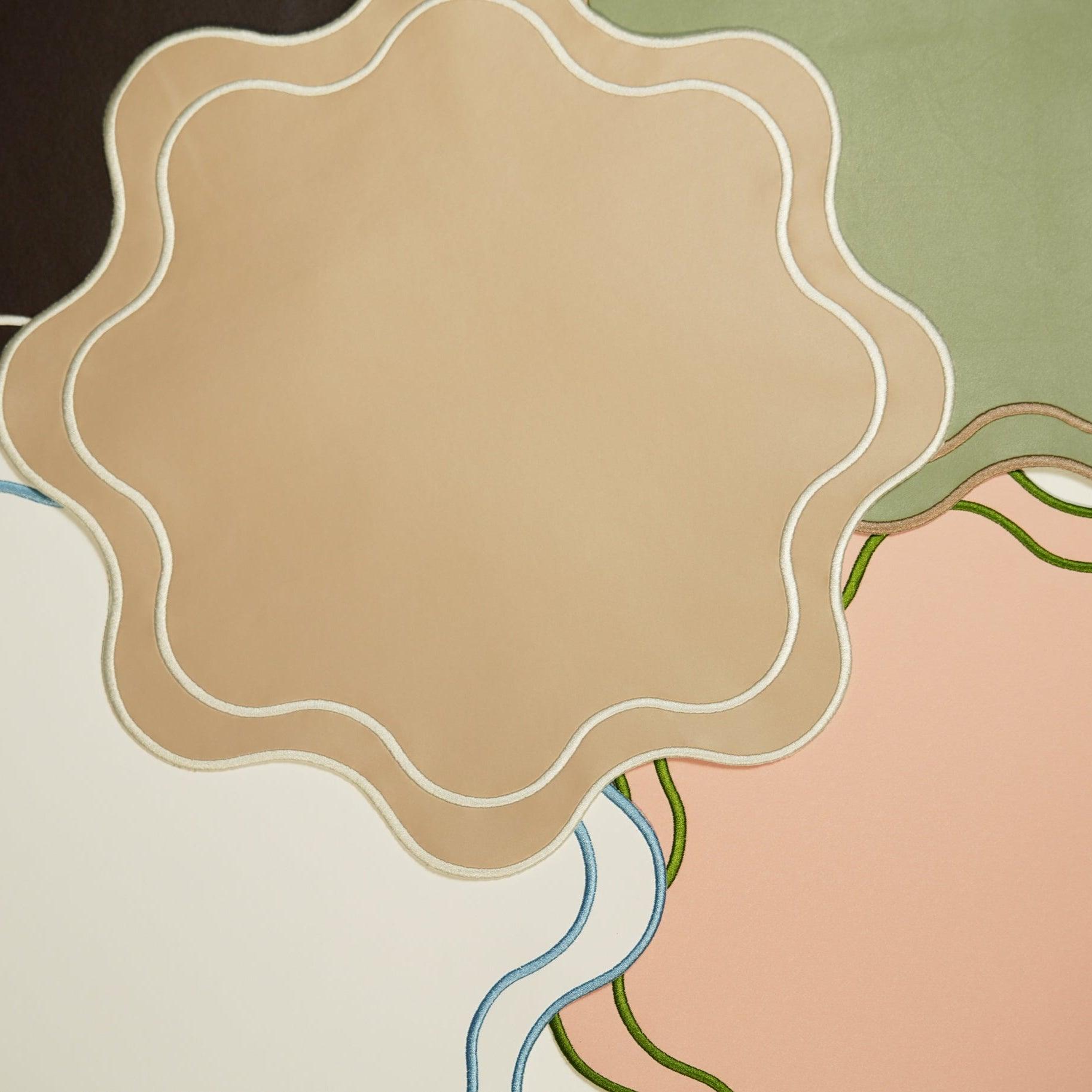 SPRING TABLE DECOR – HAVEN WHITE WAVY EDGE BLUE TRIM FAUX LEATHER PLACEMAT