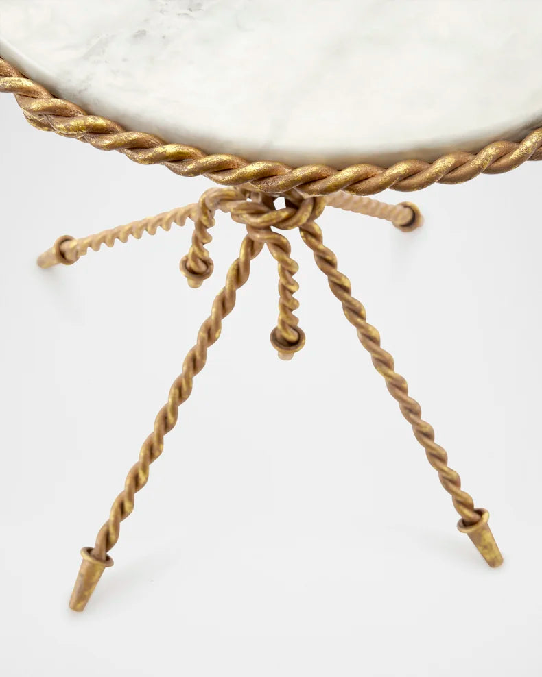 Luxe Twisted Iron Gold Rope Knot Accent Table Round Tripod White Marble Top