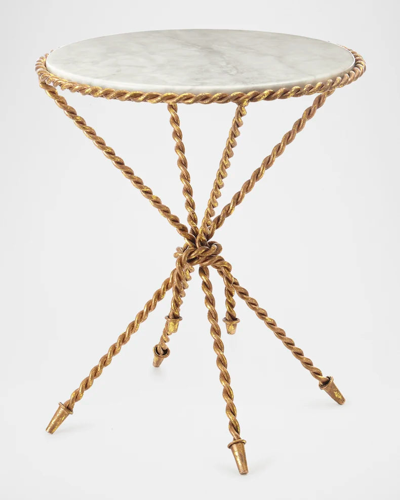 Luxe Twisted Iron Gold Rope Knot Accent Table Round Tripod White Marble Top