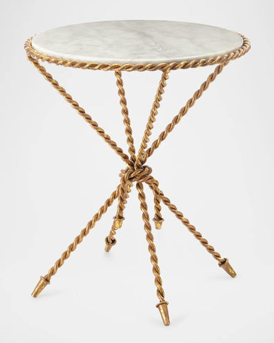 Luxe Twisted Iron Gold Rope Knot Accent Table Round Tripod White Marble Top