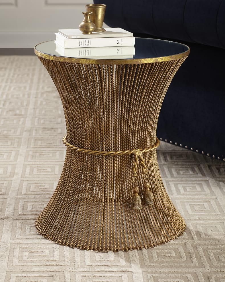 Italian Gold Twisted Iron Side Table with Tassel Rope Accent and Inset Mirror Top