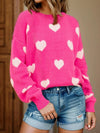 Heart Round Neck Dropped Shoulder Sweater - Hot Pink / S