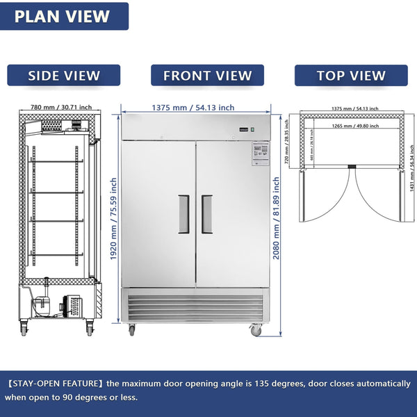 Heavy-Duty 54-Inch Stainless Steel 2-Door Reach-In Upright Commercial Freezer (SAK66598)