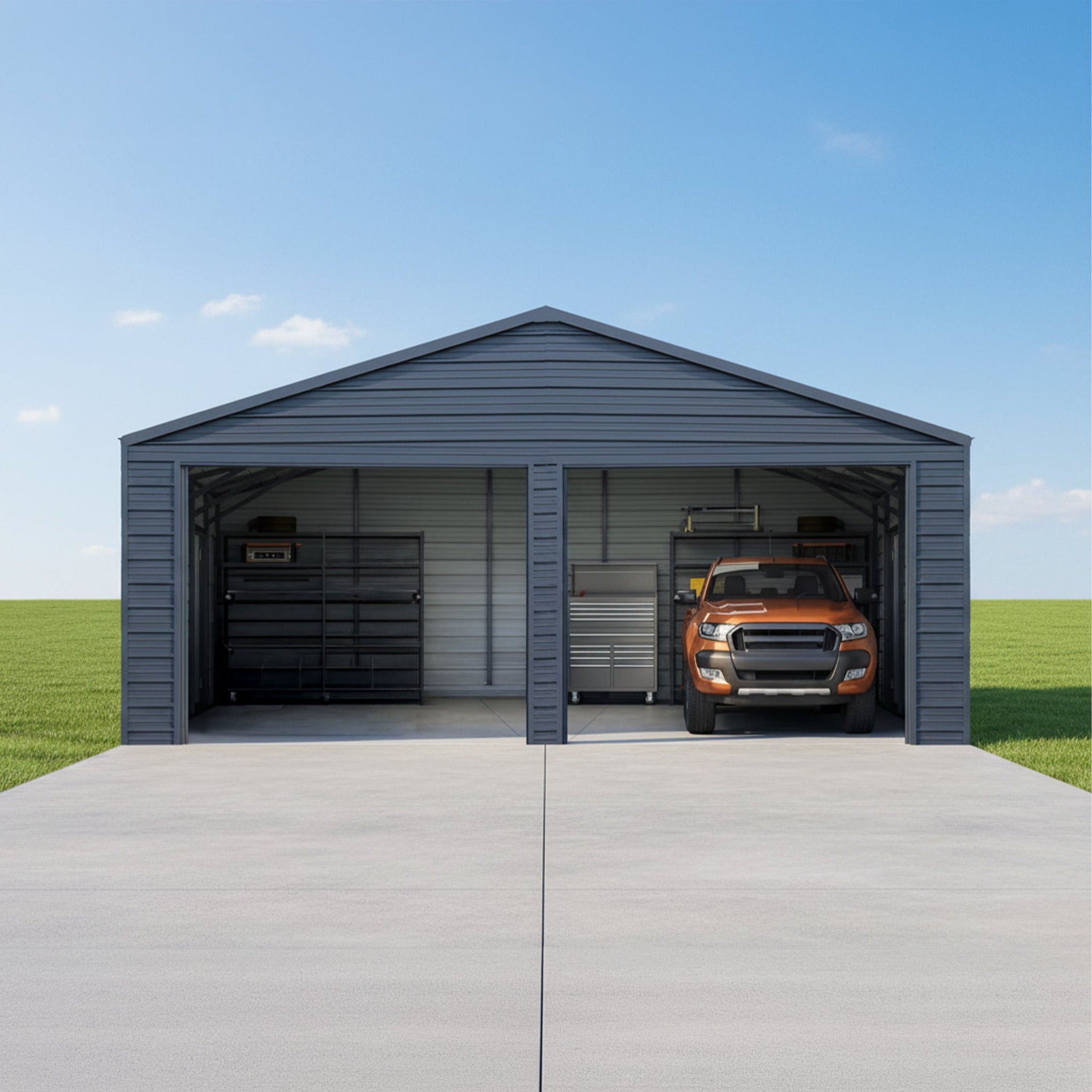 Heavy-Duty Double Garage Galvanized Steel Shed With Side Door (SAK84271)