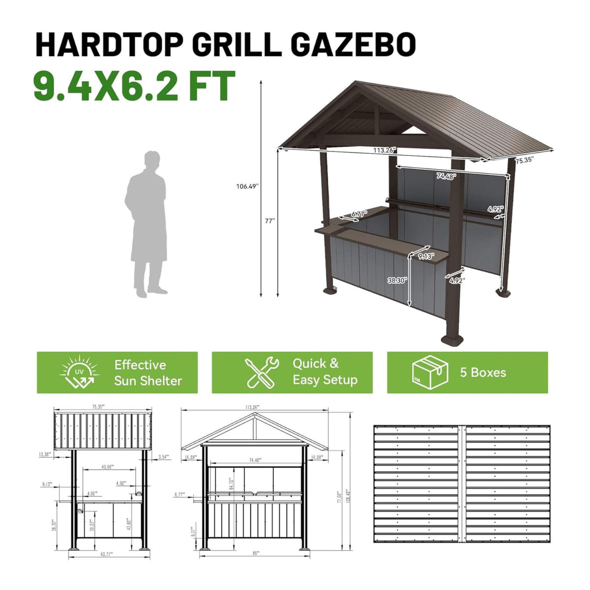 [06X09FT] Heavy-Duty Gable Roof Hardtop Grill Gazebo (SAK49731)