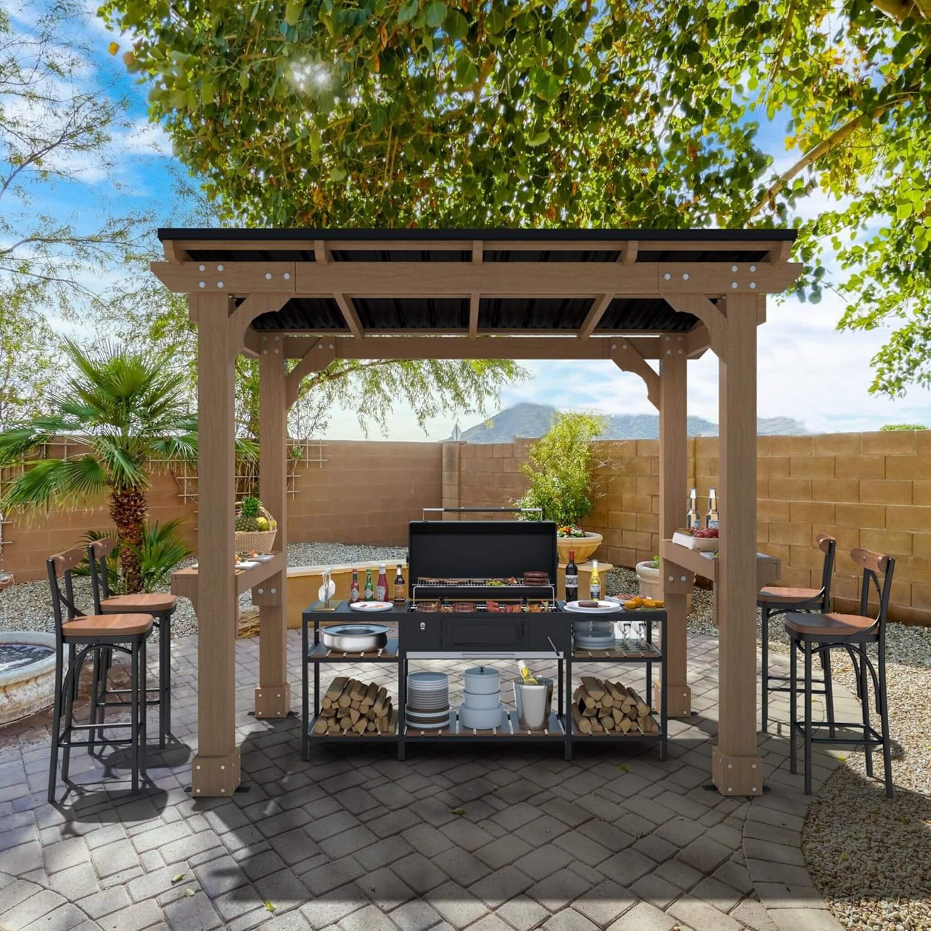 Heavy-Duty Premium Wooden Grill Gazebo With Sloped Metal Roof (SAK61583)