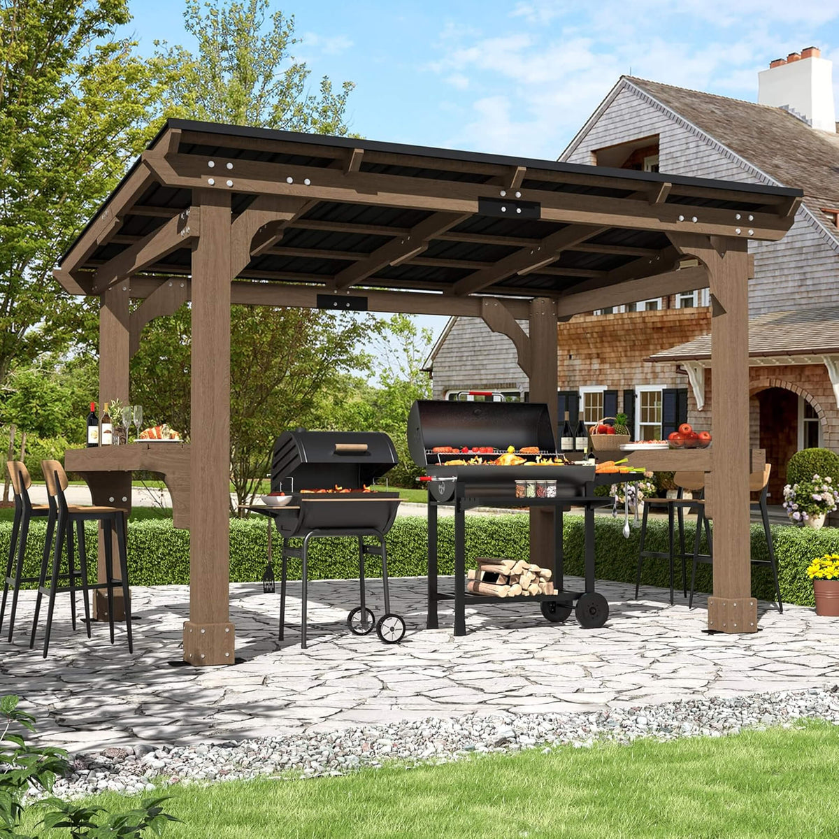 Heavy-Duty Premium Wooden Grill Gazebo With Sloped Metal Roof (SAK61583)