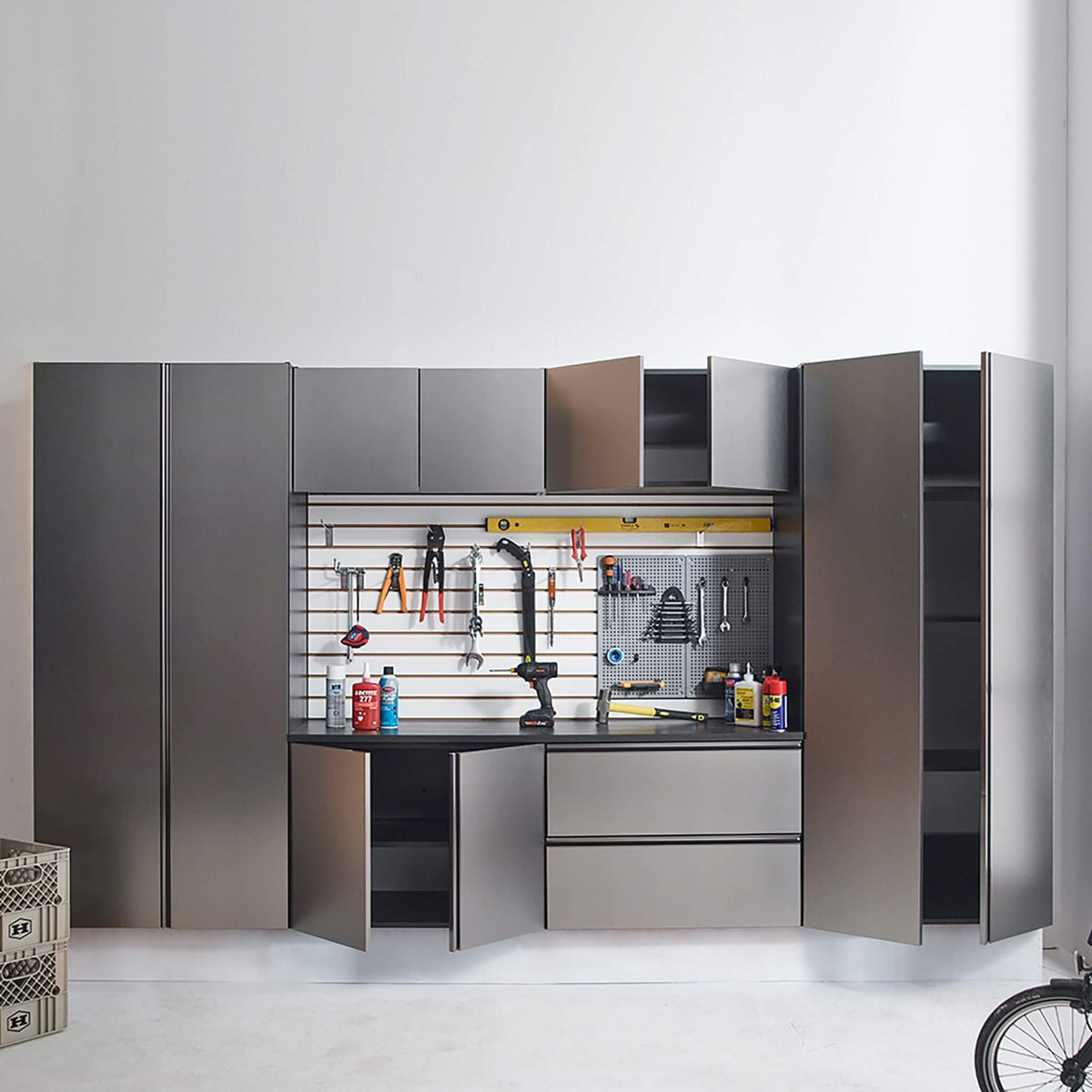 Heavy-Duty Wall-Mounted Metallic Gray Garage Cabinet Set With Soft Closing Doors And Drawers (SAK24368)