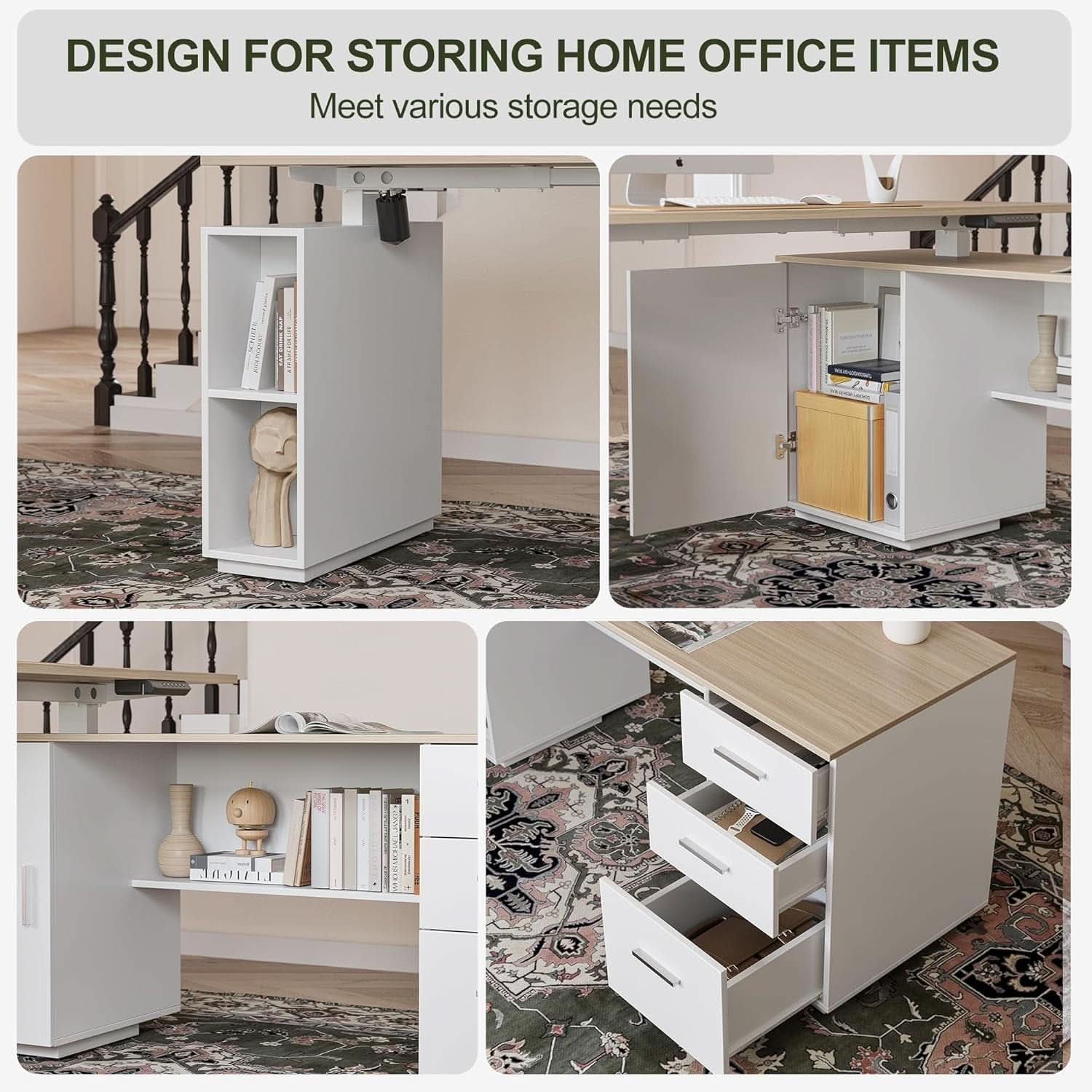 Height Adjustable L Shaped Electric Standing Desk With Storage