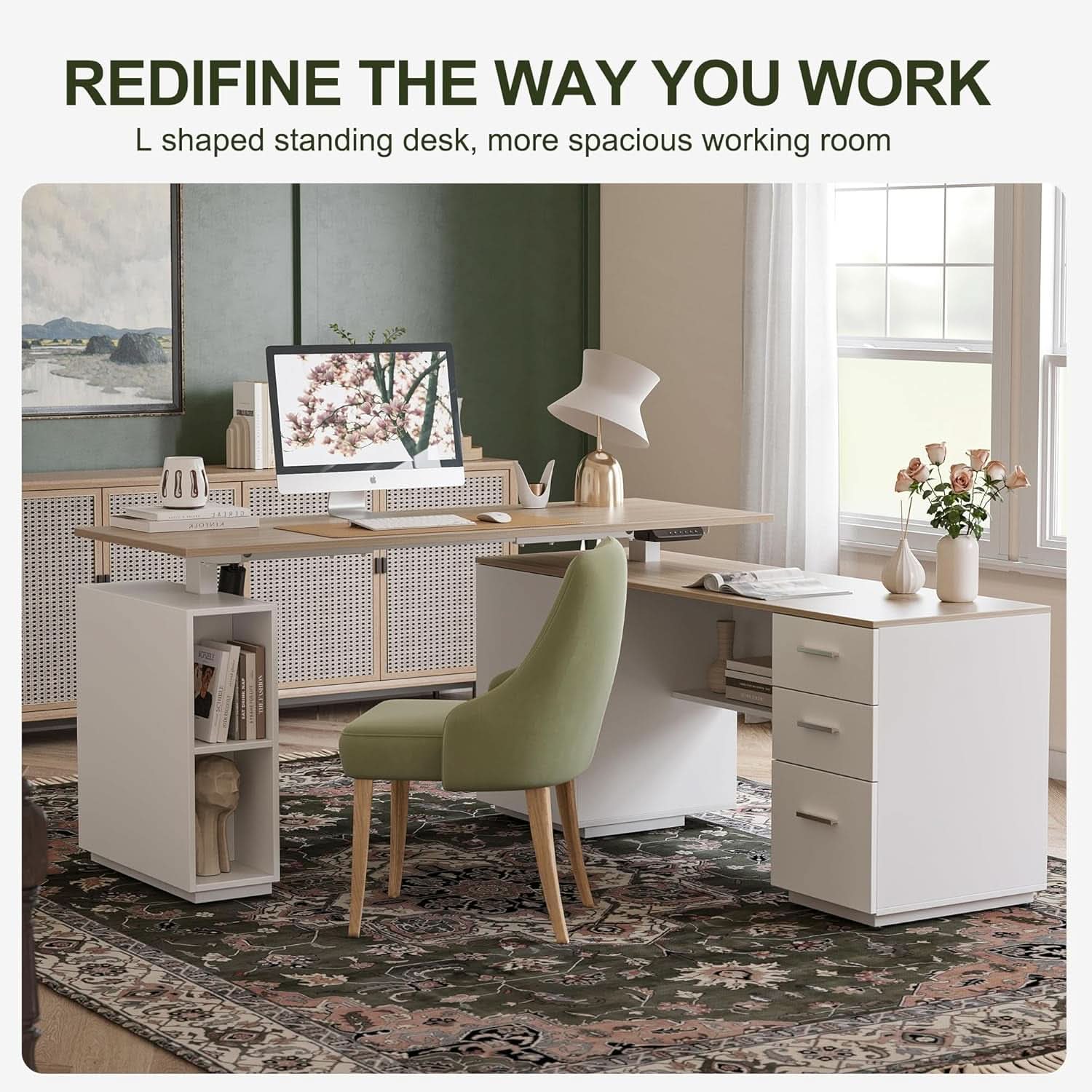 Height Adjustable L Shaped Electric Standing Desk With Storage