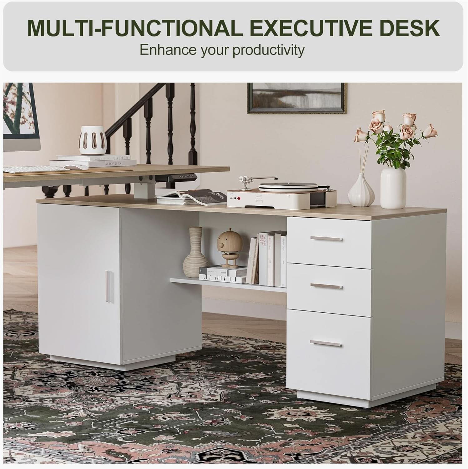 Height Adjustable L Shaped Electric Standing Desk With Storage
