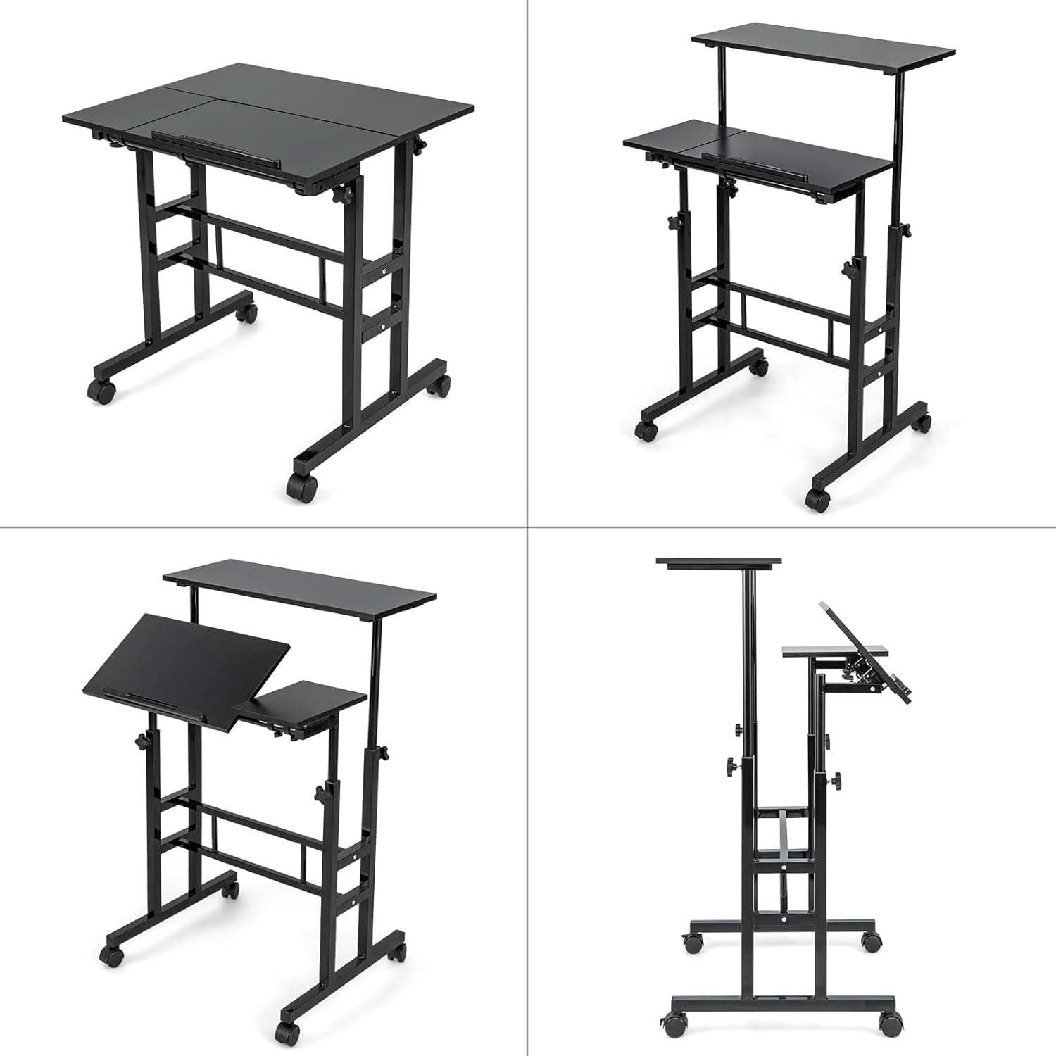 Height Adjustable Mobile Desk with Tilting Top and Wheels