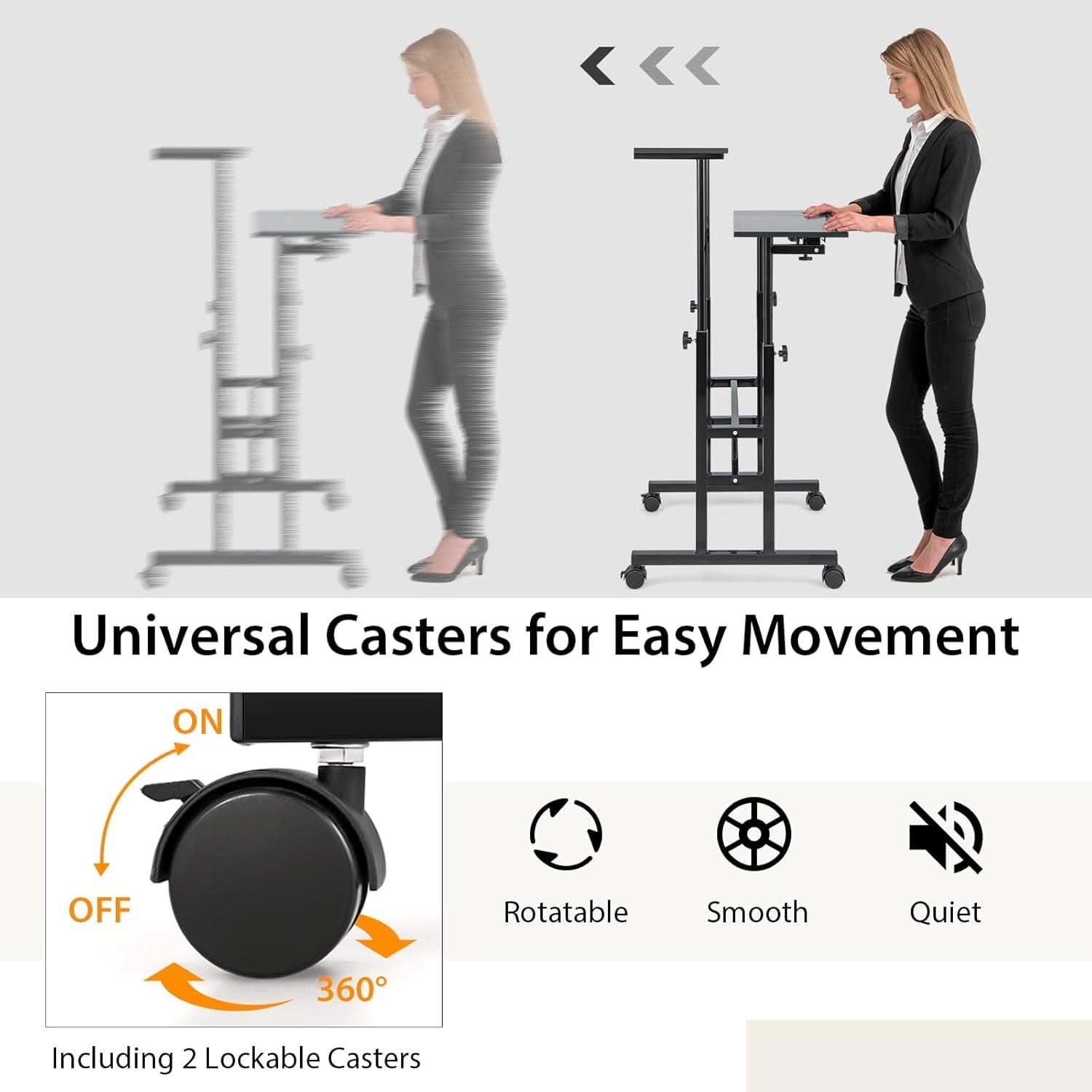 Height Adjustable Mobile Desk with Tilting Top and Wheels
