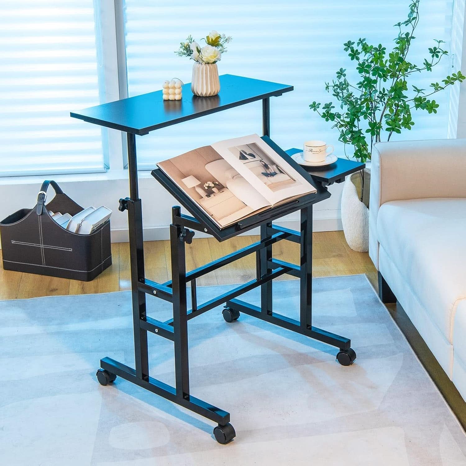 Height Adjustable Mobile Desk with Tilting Top and Wheels