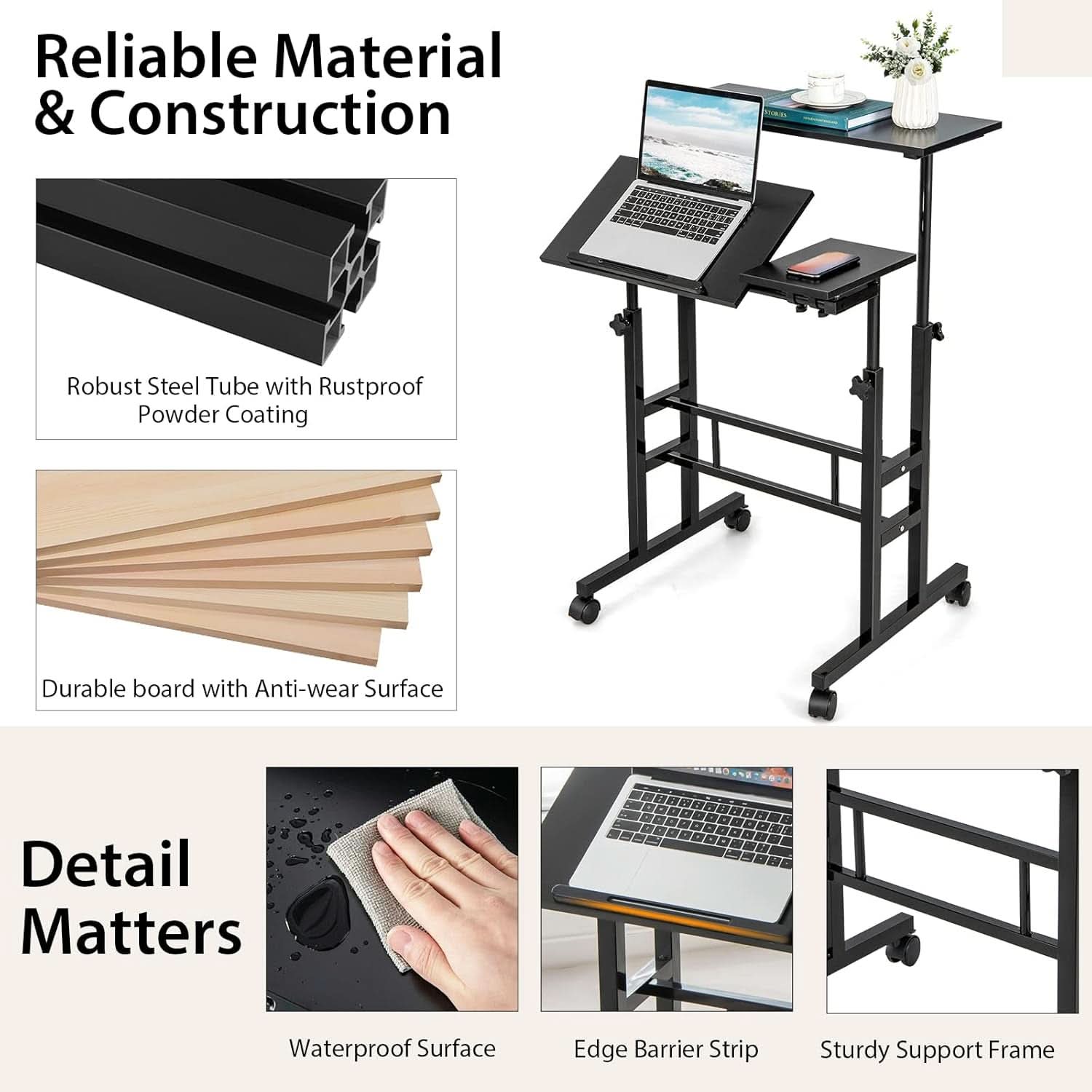 Height Adjustable Mobile Desk with Tilting Top and Wheels