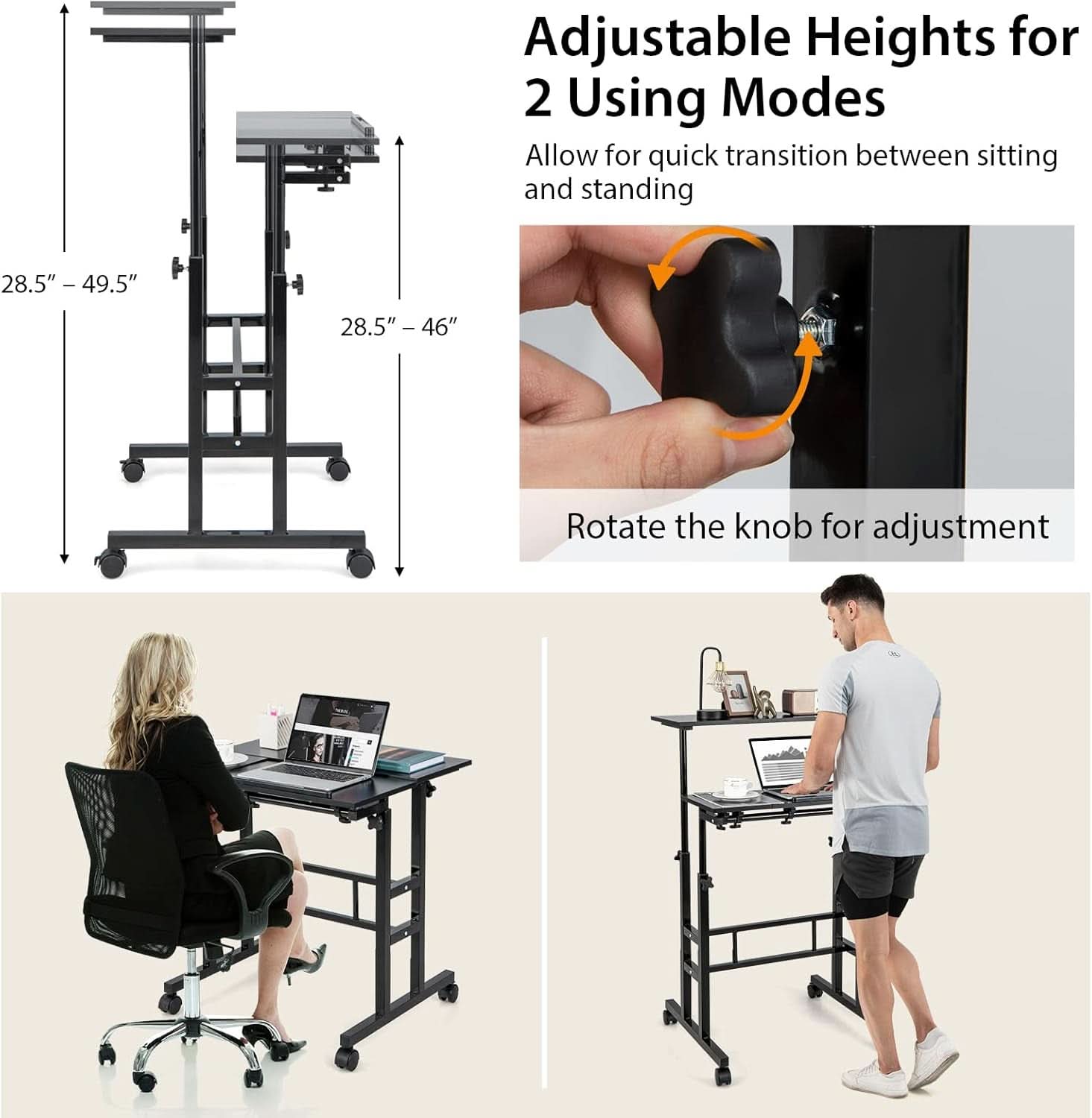 Height Adjustable Mobile Desk with Tilting Top and Wheels
