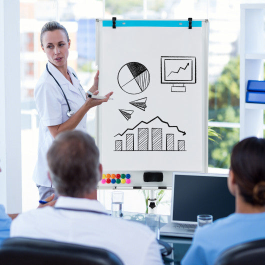 Height-Adjustable Mobile Whiteboard with Round Stand Paper Clips-White