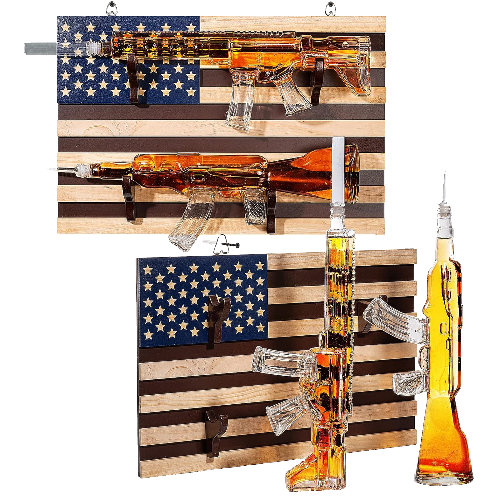 2 Gun Whiskey Decanters Set AR15 and AK47 Gun Decanter 1000ml American Flag Wall Rack by The Wine Savant - Veteran Gifts, Gun Lover Gifts, Tik Tok Gun Decanter, Military Gifts