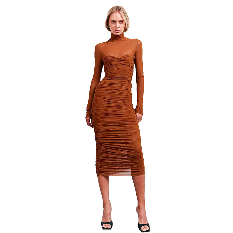 High neck mesh spliced long sleeved sexy hip hugging pleated dress