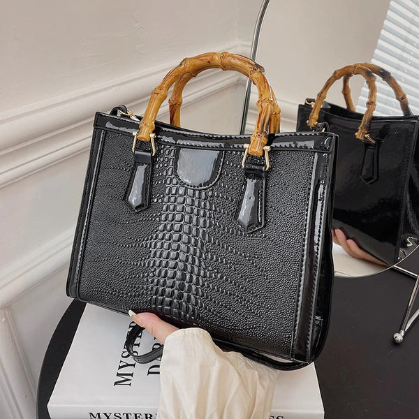 High Quality Leather Shoulder Bag For Women Luxury Alligator Handbag Designer Women Bag Retro Bamboo Handle Tote Bag Female