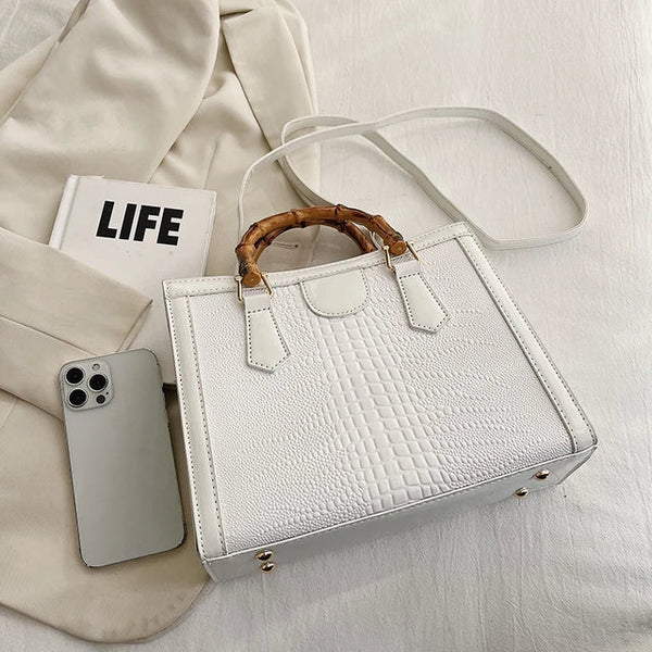 High Quality Leather Shoulder Bag For Women Luxury Alligator Handbag Designer Women Bag Retro Bamboo Handle Tote Bag Female