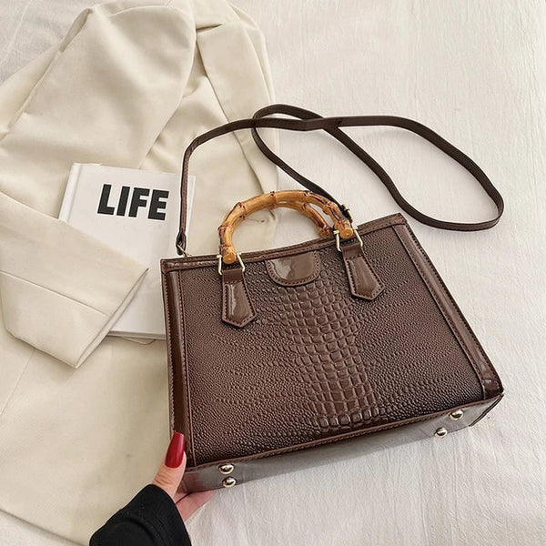 High Quality Leather Shoulder Bag For Women Luxury Alligator Handbag Designer Women Bag Retro Bamboo Handle Tote Bag Female