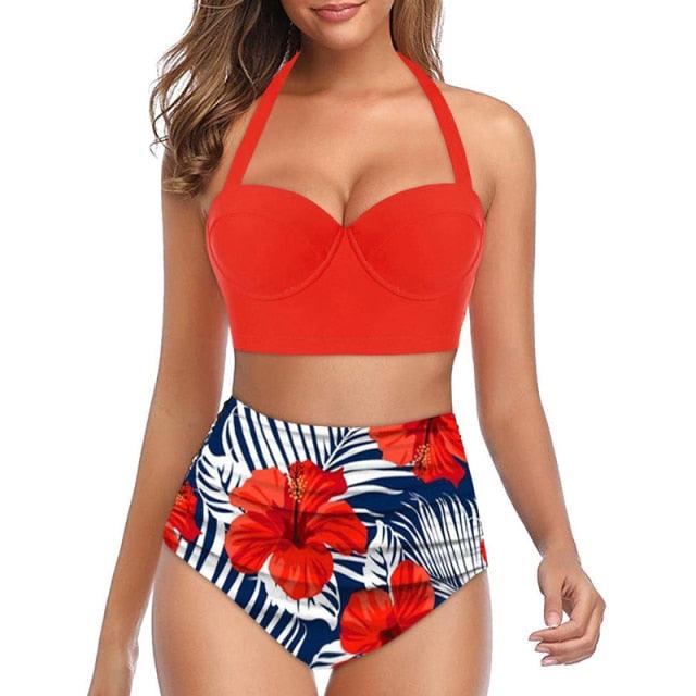 High Waist Bikini Leaf Print Swimsuit Women Push Up Swimwear Female Halter Bathing Suit Vintage Swimming Suit Women Vintage Underwire High Waist Swimsuit Two Pieces Halter Lace Up Adjustable Bikini Top