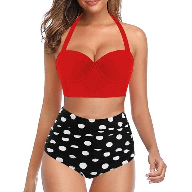 High Waist Bikini Leaf Print Swimsuit Women Push Up Swimwear Female Halter Bathing Suit Vintage Swimming Suit Women Vintage Underwire High Waist Swimsuit Two Pieces Halter Lace Up Adjustable Bikini Top