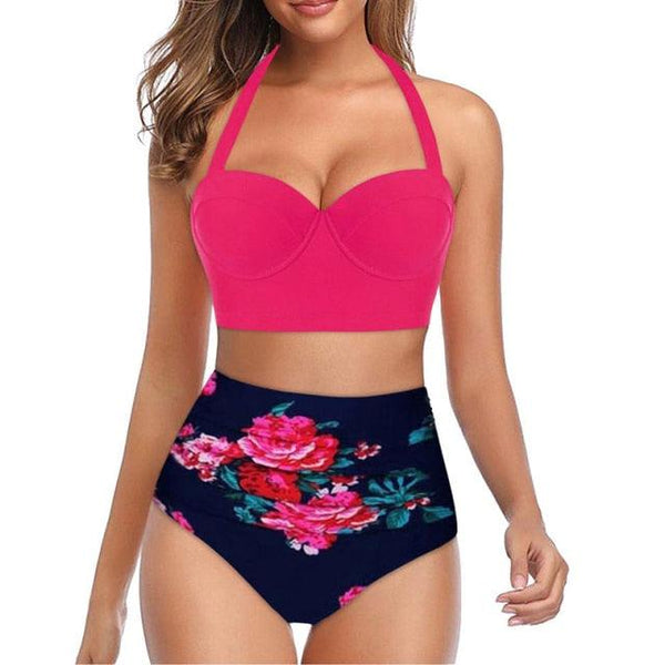 High Waist Bikini Leaf Print Swimsuit Women Push Up Swimwear Female Halter Bathing Suit Vintage Swimming Suit Women Vintage Underwire High Waist Swimsuit Two Pieces Halter Lace Up Adjustable Bikini Top