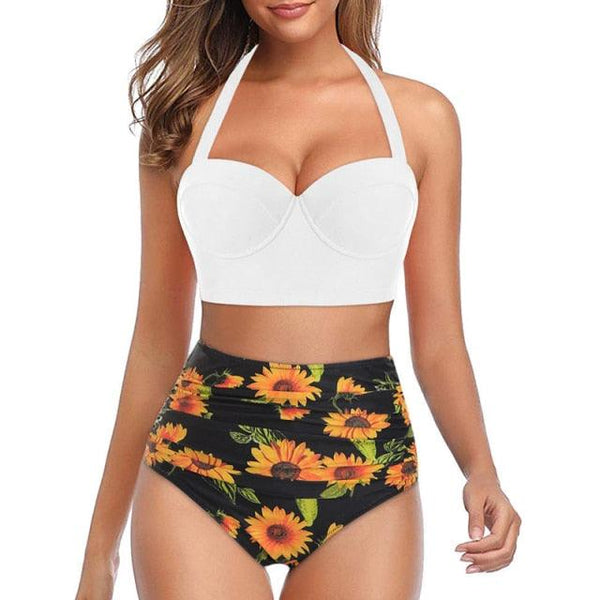 High Waist Bikini Leaf Print Swimsuit Women Push Up Swimwear Female Halter Bathing Suit Vintage Swimming Suit Women Vintage Underwire High Waist Swimsuit Two Pieces Halter Lace Up Adjustable Bikini Top