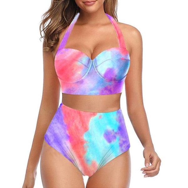 High Waist Bikini Leaf Print Swimsuit Women Push Up Swimwear Female Halter Bathing Suit Vintage Swimming Suit Women Vintage Underwire High Waist Swimsuit Two Pieces Halter Lace Up Adjustable Bikini Top