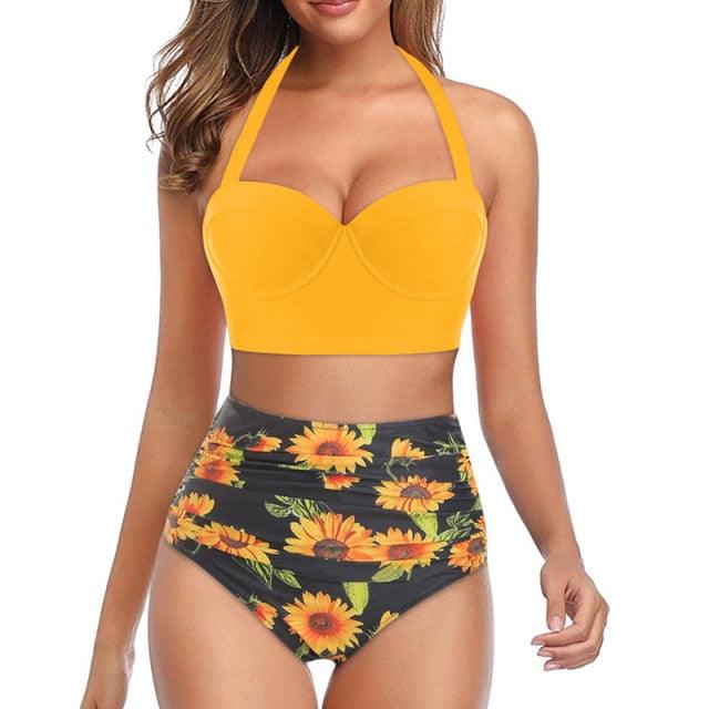 High Waist Bikini Leaf Print Swimsuit Women Push Up Swimwear Female Halter Bathing Suit Vintage Swimming Suit Women Vintage Underwire High Waist Swimsuit Two Pieces Halter Lace Up Adjustable Bikini Top