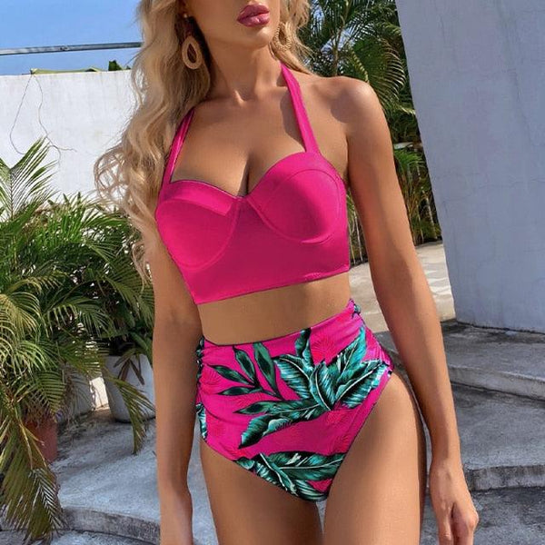 High Waist Bikini Leaf Print Swimsuit Women Push Up Swimwear Female Halter Bathing Suit Vintage Swimming Suit Women Vintage Underwire High Waist Swimsuit Two Pieces Halter Lace Up Adjustable Bikini Top