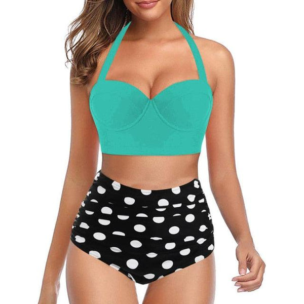High Waist Bikini Leaf Print Swimsuit Women Push Up Swimwear Female Halter Bathing Suit Vintage Swimming Suit Women Vintage Underwire High Waist Swimsuit Two Pieces Halter Lace Up Adjustable Bikini Top