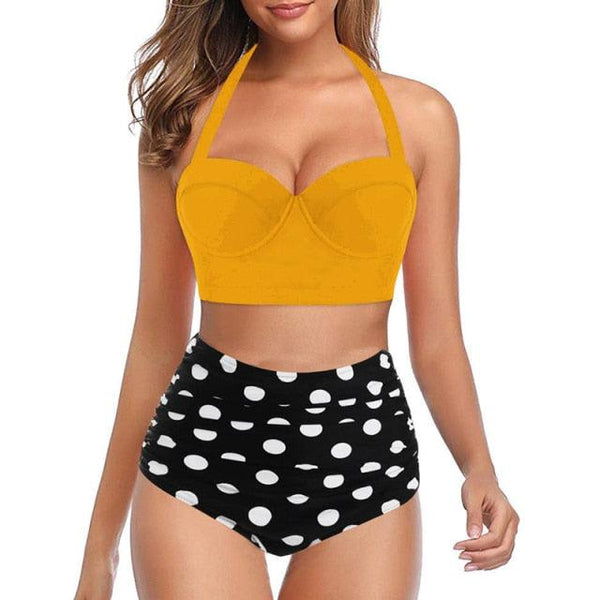 High Waist Bikini Leaf Print Swimsuit Women Push Up Swimwear Female Halter Bathing Suit Vintage Swimming Suit Women Vintage Underwire High Waist Swimsuit Two Pieces Halter Lace Up Adjustable Bikini Top