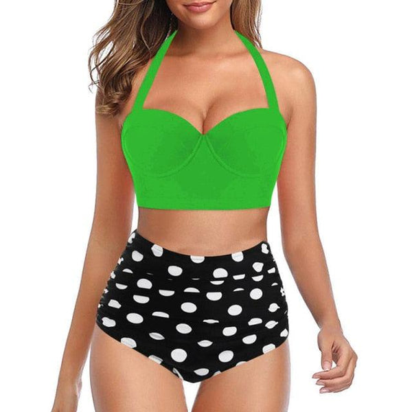 High Waist Bikini Leaf Print Swimsuit Women Push Up Swimwear Female Halter Bathing Suit Vintage Swimming Suit Women Vintage Underwire High Waist Swimsuit Two Pieces Halter Lace Up Adjustable Bikini Top