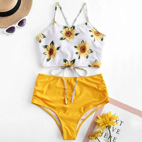 High Waist Bikini Leopard Swimsuit Women Bikini Floral Swimsuit Floral Crop Tie Knot Front High Waist Bikini Set Two Piece Swimsuit For Women Leopard Print High Neck Bikini Push Up Swimwear Summer High Waisted Bathing Suit