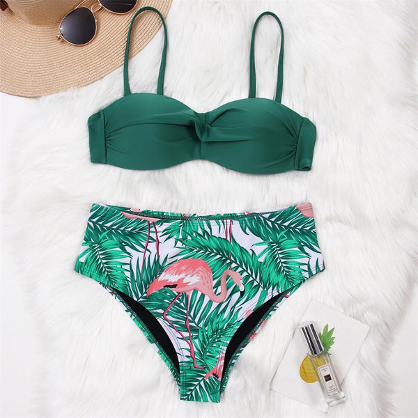 High Waist Bikini Set Women  Bikini Flower Swimwear Women High Waist Bikini Halter Two Piece Bathing Suits Tummy Control Swimsuit Push Up Swimwear Vintage Halter Neck Swimsuit Female Green Bathing Suit