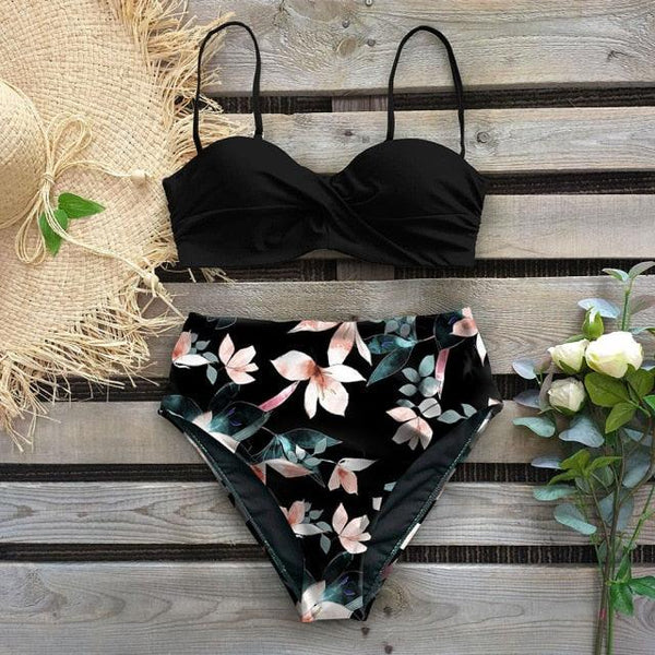 High Waist Bikini Set Women  Bikini Flower Swimwear Women High Waist Bikini Halter Two Piece Bathing Suits Tummy Control Swimsuit Push Up Swimwear Vintage Halter Neck Swimsuit Female Green Bathing Suit