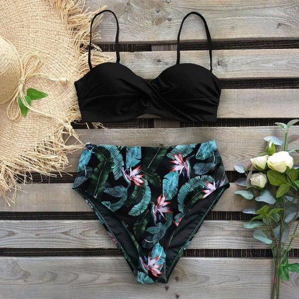 High Waist Bikini Set Women  Bikini Flower Swimwear Women High Waist Bikini Halter Two Piece Bathing Suits Tummy Control Swimsuit Push Up Swimwear Vintage Halter Neck Swimsuit Female Green Bathing Suit