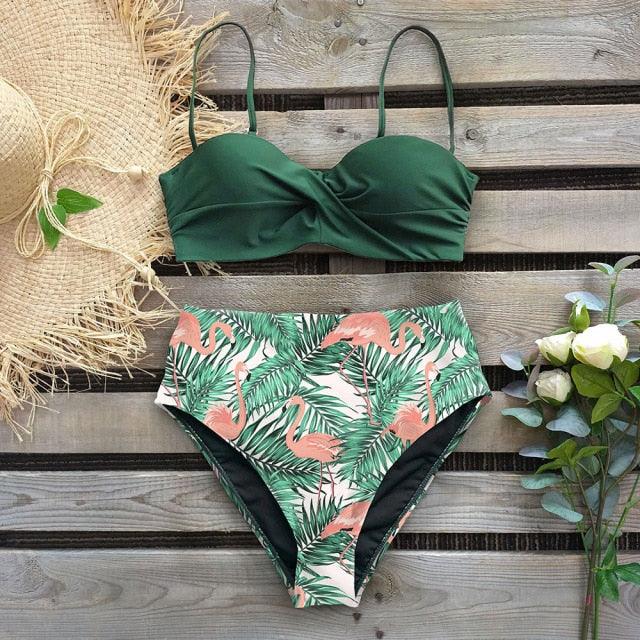 High Waist Bikini Set Women  Bikini Flower Swimwear Women High Waist Bikini Halter Two Piece Bathing Suits Tummy Control Swimsuit Push Up Swimwear Vintage Halter Neck Swimsuit Female Green Bathing Suit