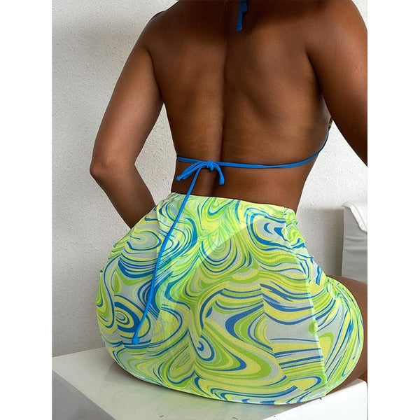 High Waist Mesh Skirt Swimsuit Triangle Micro Bikini Set 3-Piece High Cut Swimwear Women's Bikini Swimsuits With Wrap Skirt, 3 Pieces Strings High Cut Bikini Set Bathing Suits Women Vintage Print Bathing Suit