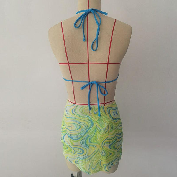 High Waist Mesh Skirt Swimsuit Triangle Micro Bikini Set 3-Piece High Cut Swimwear Women's Bikini Swimsuits With Wrap Skirt, 3 Pieces Strings High Cut Bikini Set Bathing Suits Women Vintage Print Bathing Suit