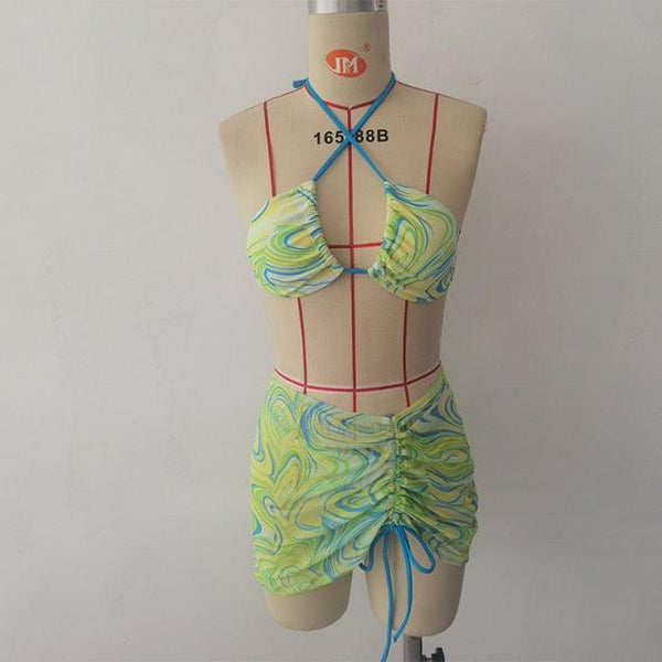 High Waist Mesh Skirt Swimsuit Triangle Micro Bikini Set 3-Piece High Cut Swimwear Women's Bikini Swimsuits With Wrap Skirt, 3 Pieces Strings High Cut Bikini Set Bathing Suits Women Vintage Print Bathing Suit