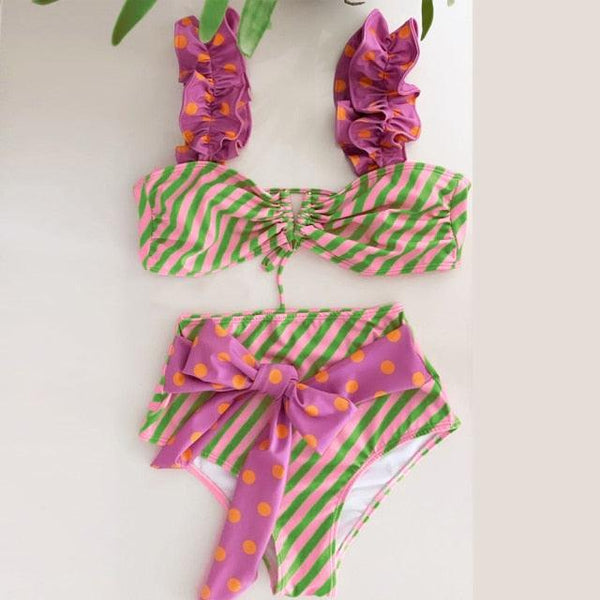 High Waist Swimwear Women Swimsuit Bikini Bandage Bikinis Set Padded Bathing Suit New Leaf Print Women's Bowknot Underwire Bra High Waist Bikini Set Swimwear Bikinis Swimsuit For Women