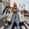 High waisted loose slimming color blocked long flared pants and floor pants - blue / S