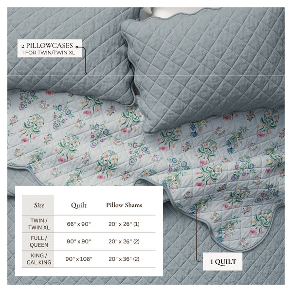 Floral Print & Scallopeded Edge Cotton Quilt Set - Katrin Collection